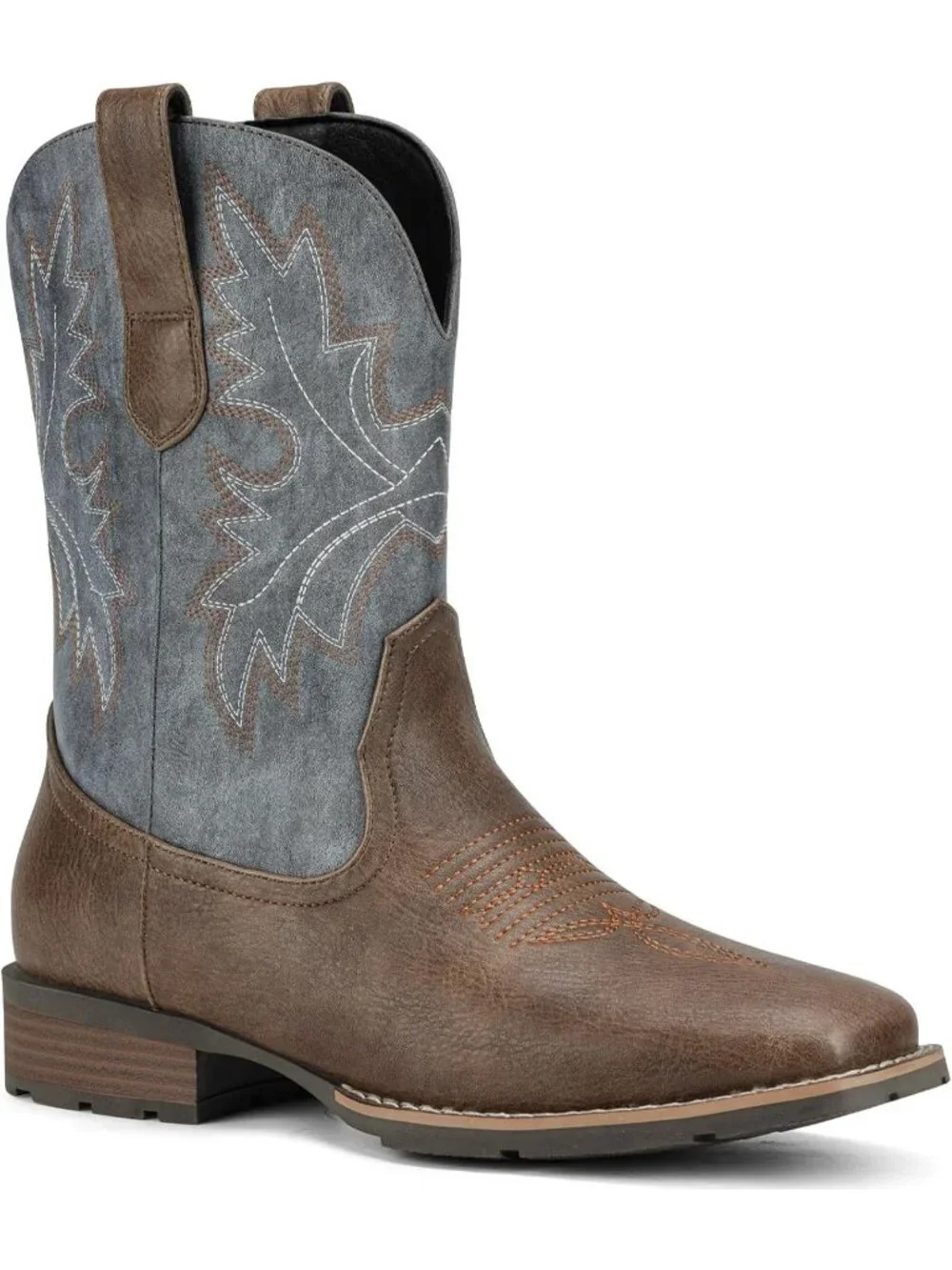 Men's Blue Brown Faux Leather Slip on Square Toe with Classic Embroidered Boots